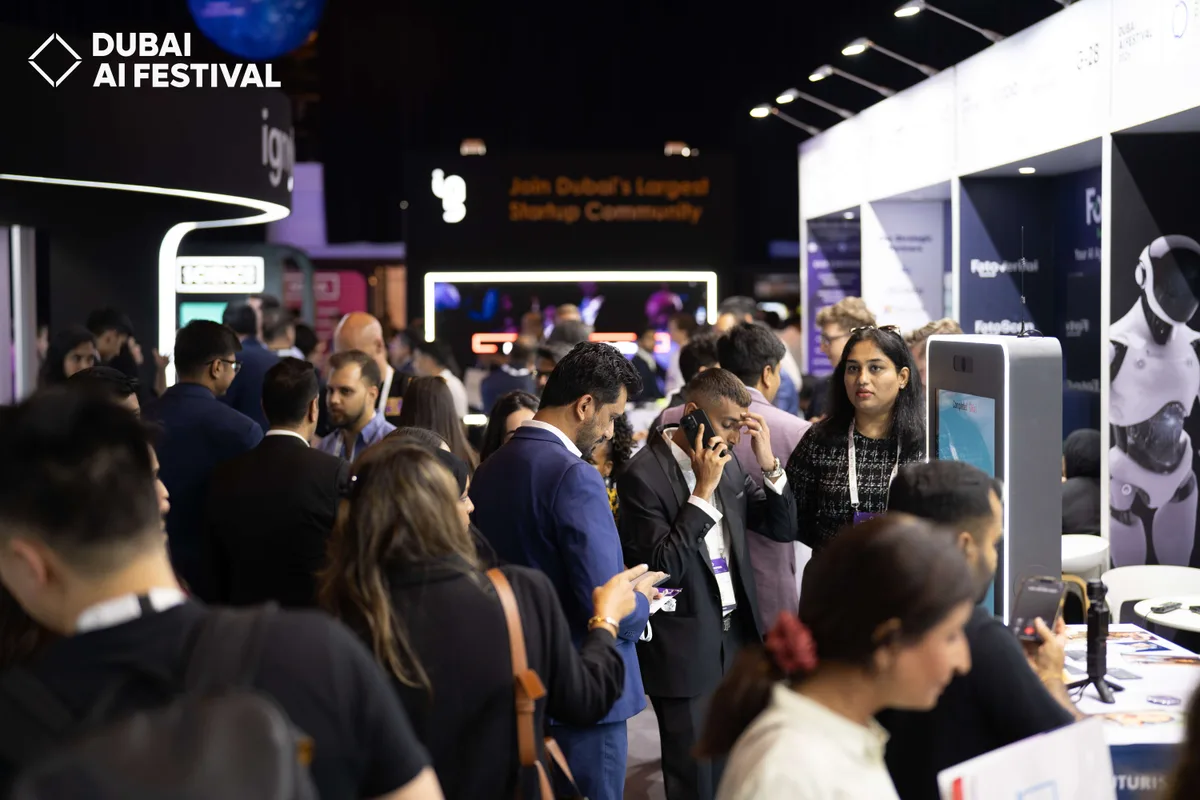 Visitors exploring the exhibition floor at Dubai AI Festival