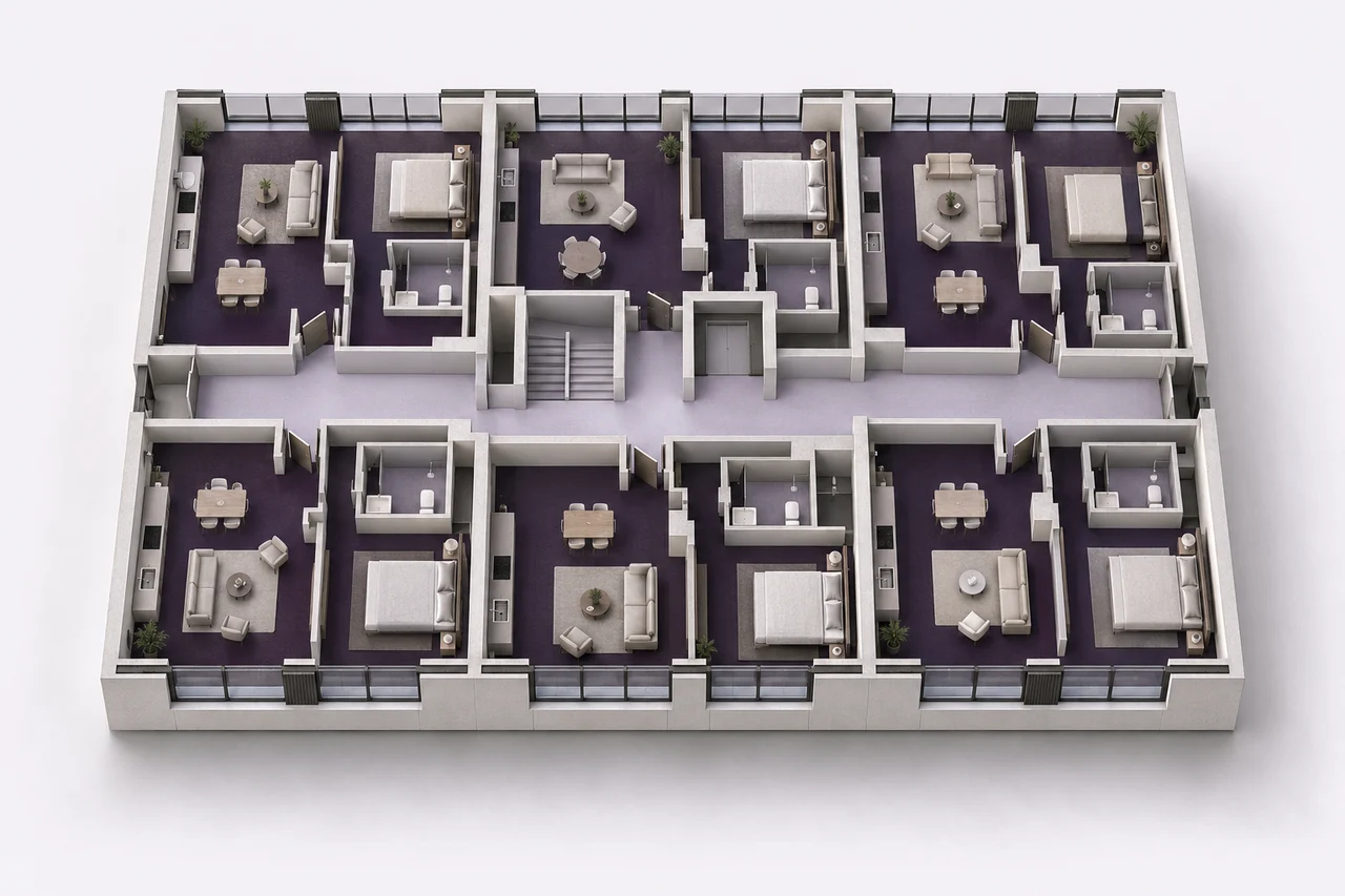 Conceptual apartment floor cutaway: dark usable rooms around a pale shared corridor and core.