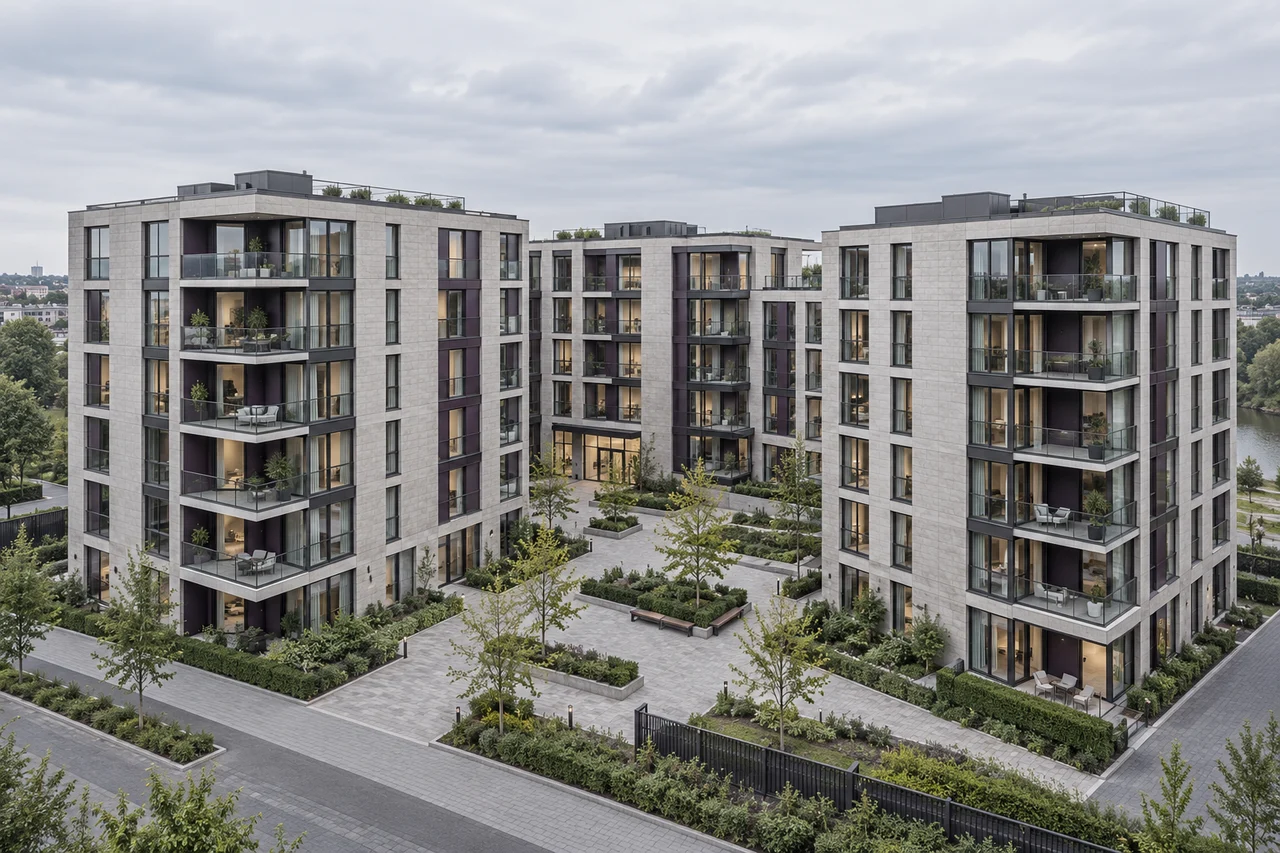 Architectural illustration of a contemporary residential courtyard development with consistent materials and building scale.