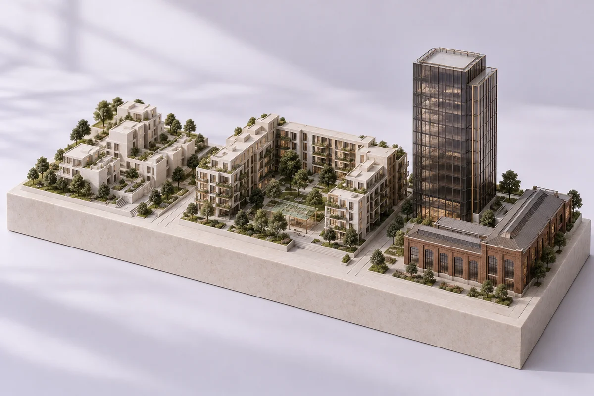 Conceptual architectural portfolio model with a site study, residential courtyard, commercial tower and industrial asset.