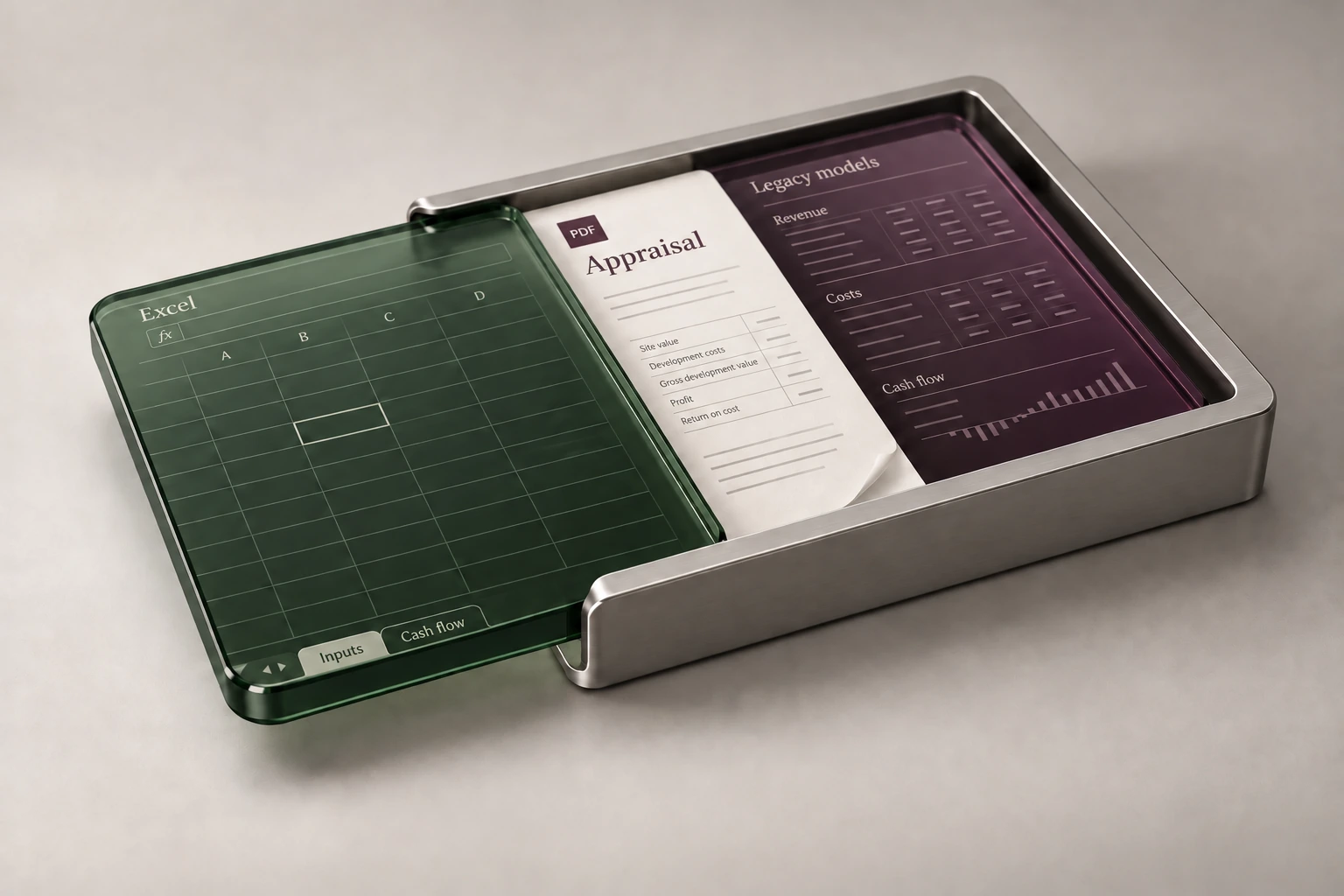 Conceptual material folio with recognisable Excel, PDF and legacy-model cues