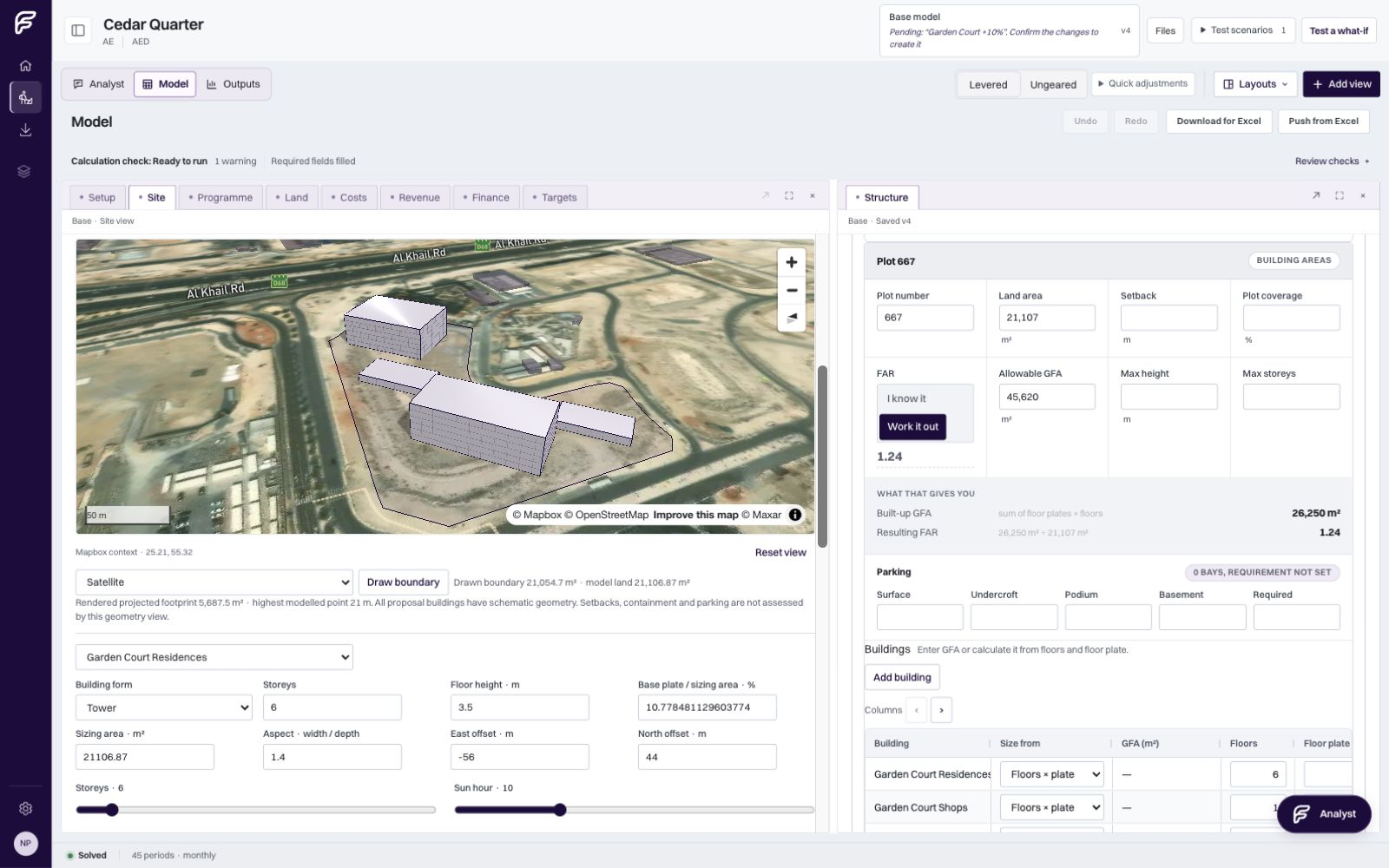 Cedar Quarter’s mapped massing proposal with editable building form, storeys, footprint and sun-study controls
