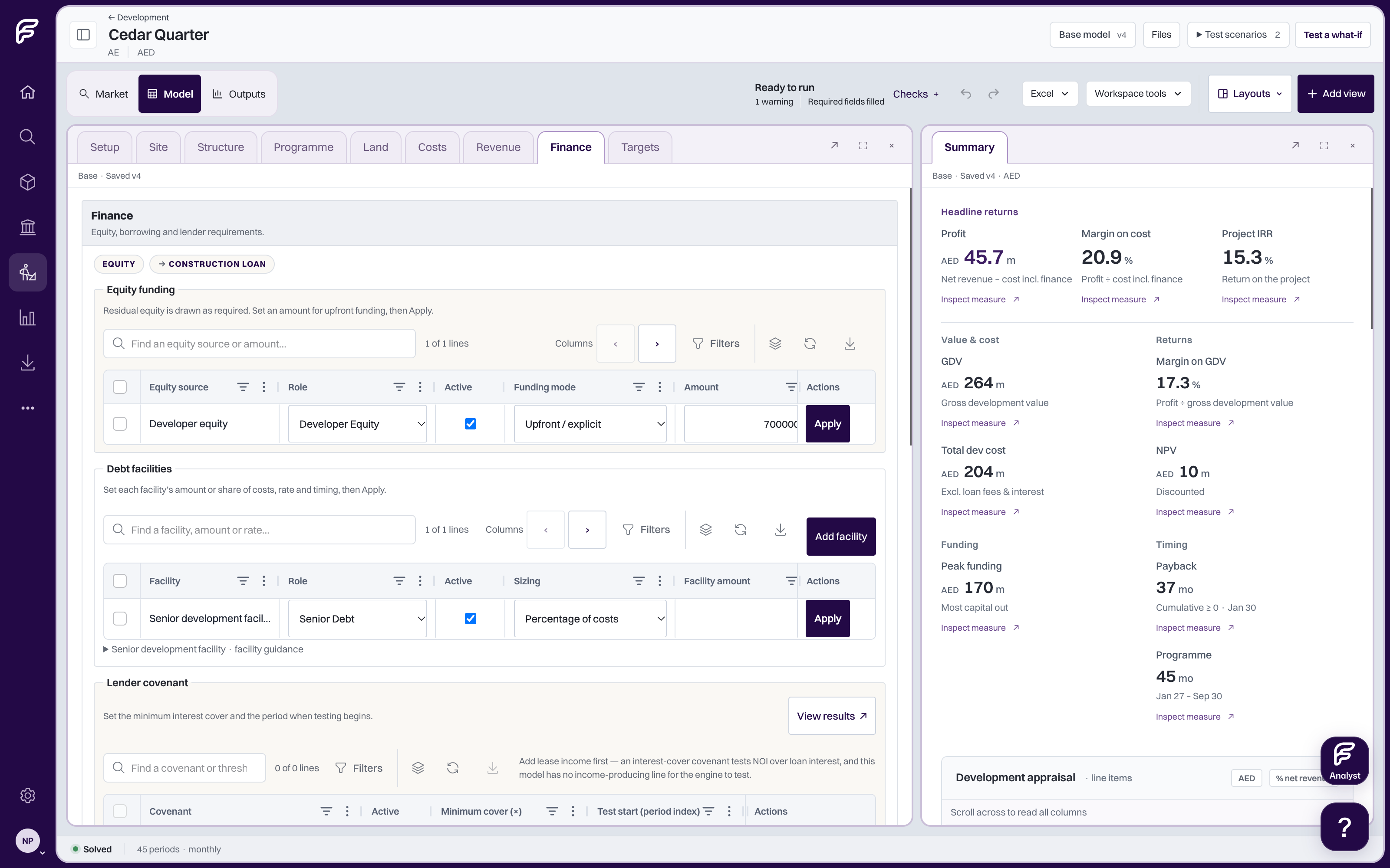 Cedar Quarter’s assumptions and saved results in the Feasly workspace