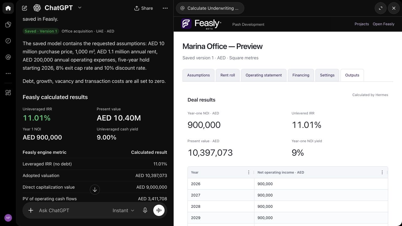 Feasly’s Marina Office model beside its ChatGPT conversation, with saved assumptions and calculated returns