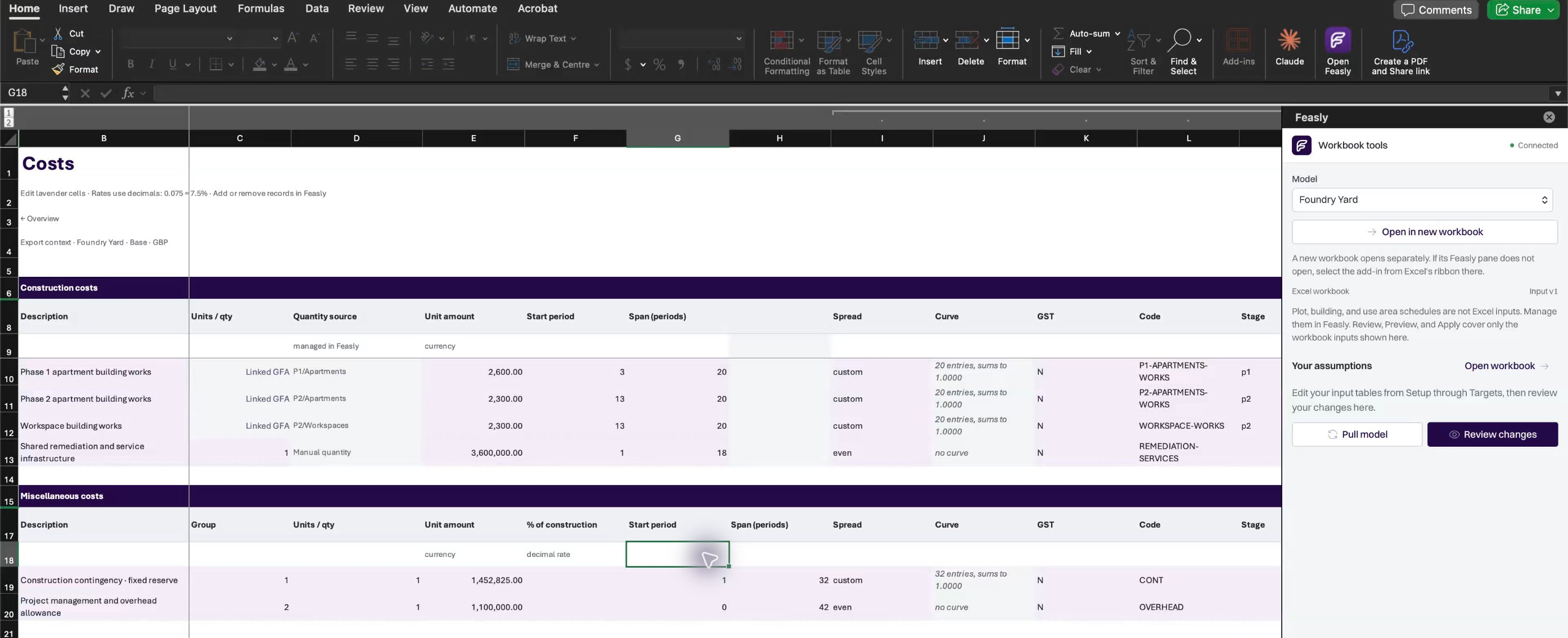 Foundry Yard workbook beside the connected Feasly add-in in Excel