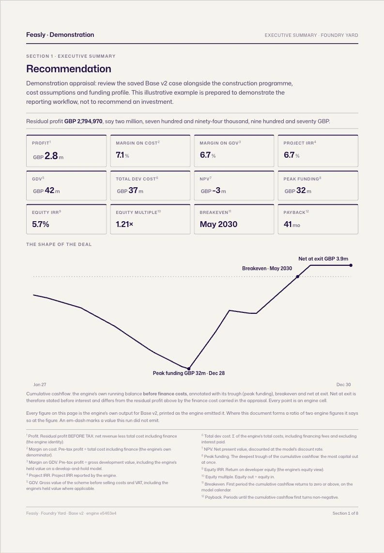 Issued Foundry Yard demonstration report with executive summary, financial measures and cashflow from saved Base v2