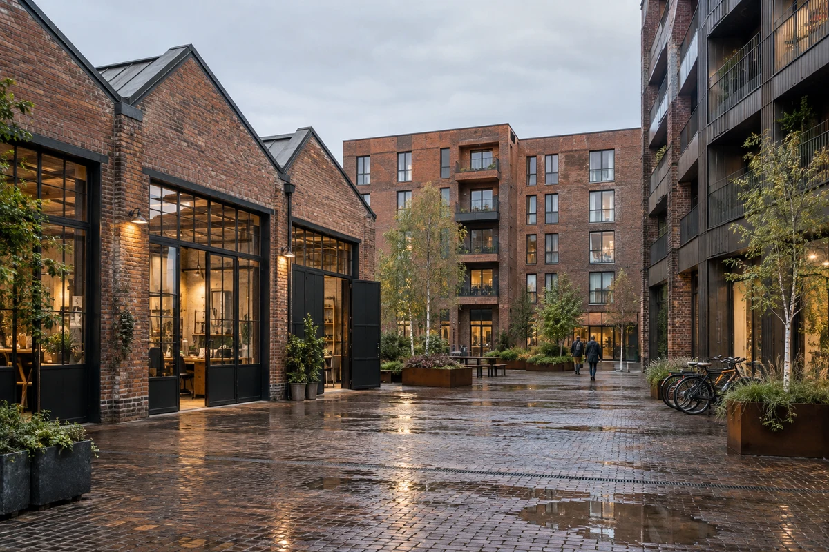 Illustrative brick apartments and converted workspaces at Foundry Yard