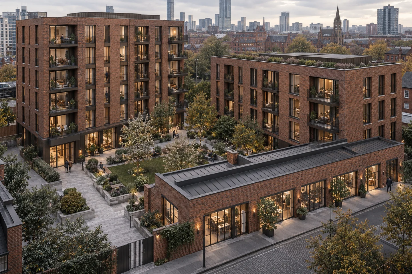 Architectural concept of two brick apartment buildings and workspaces around a planted courtyard