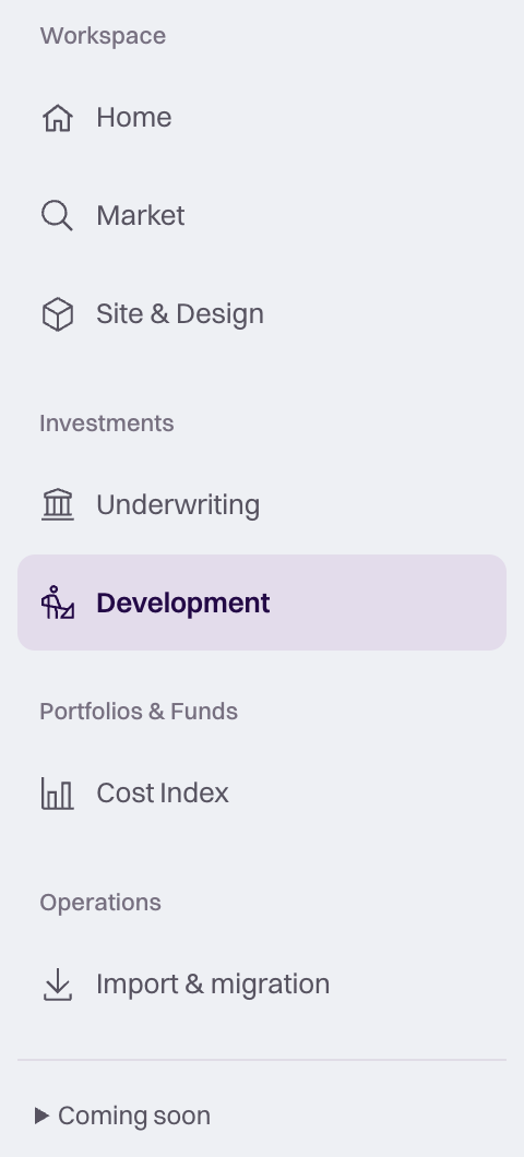 Expanded Feasly navigation: Market, Site and Design, Underwriting, Development, Cost Index and Import