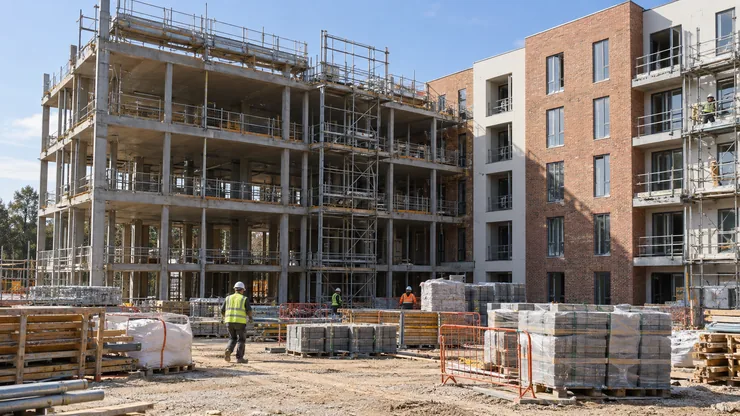 A construction site with a structural frame, staged materials and a partially finished facade.