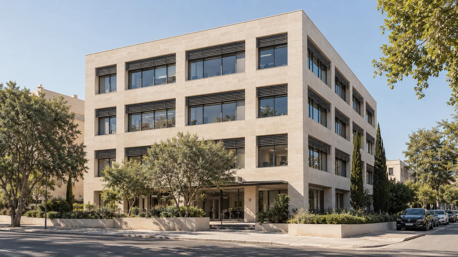Contemporary office building with shaded glazing and a landscaped entrance