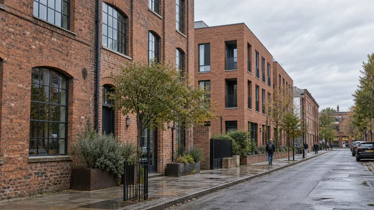 A British urban street combining older brick industrial buildings and contemporary infill.