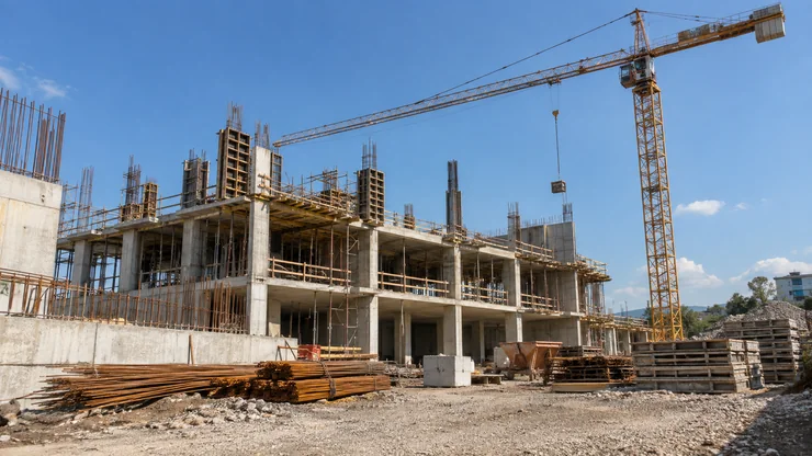 A large construction frame and crane rising against a blue sky.