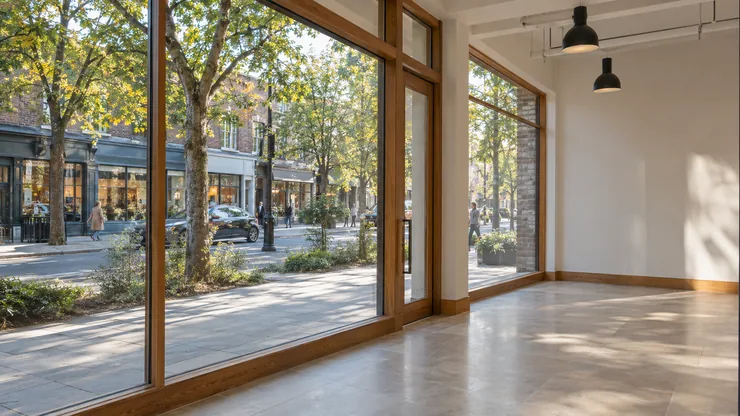 Daylight in an unoccupied commercial interior overlooking an established urban street.