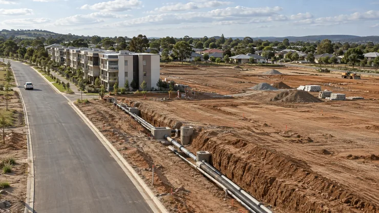 An access road and utility works connecting a completed block with land for a later phase.