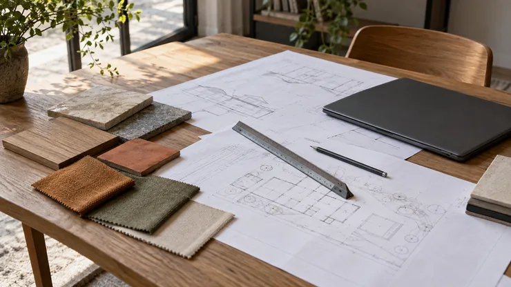 Site drawings, measuring tools, material samples and a closed laptop on a planning desk.