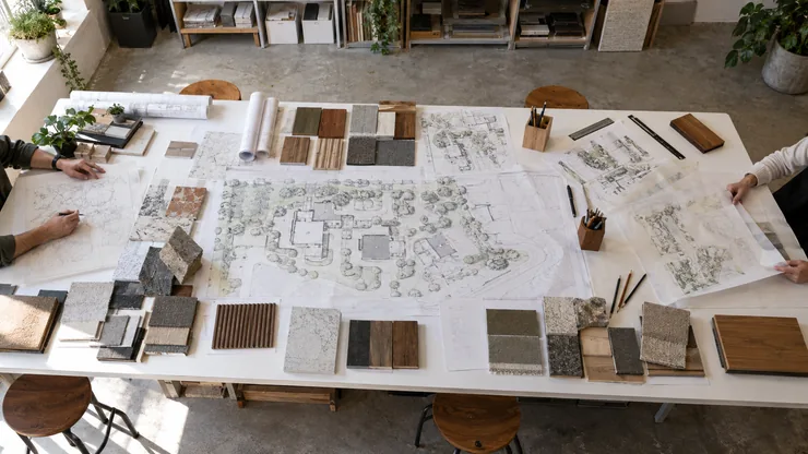 A shared planning studio with broad site drawings and varied material samples.