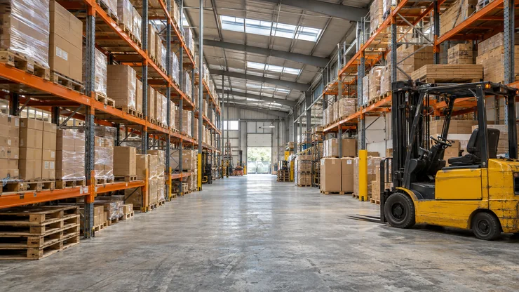 A working logistics warehouse with organised storage racks and daylight from rooflights.