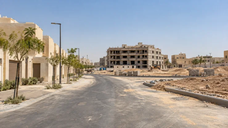 A Saudi-style urban setting with warm stone buildings, civil works and a partly completed block.